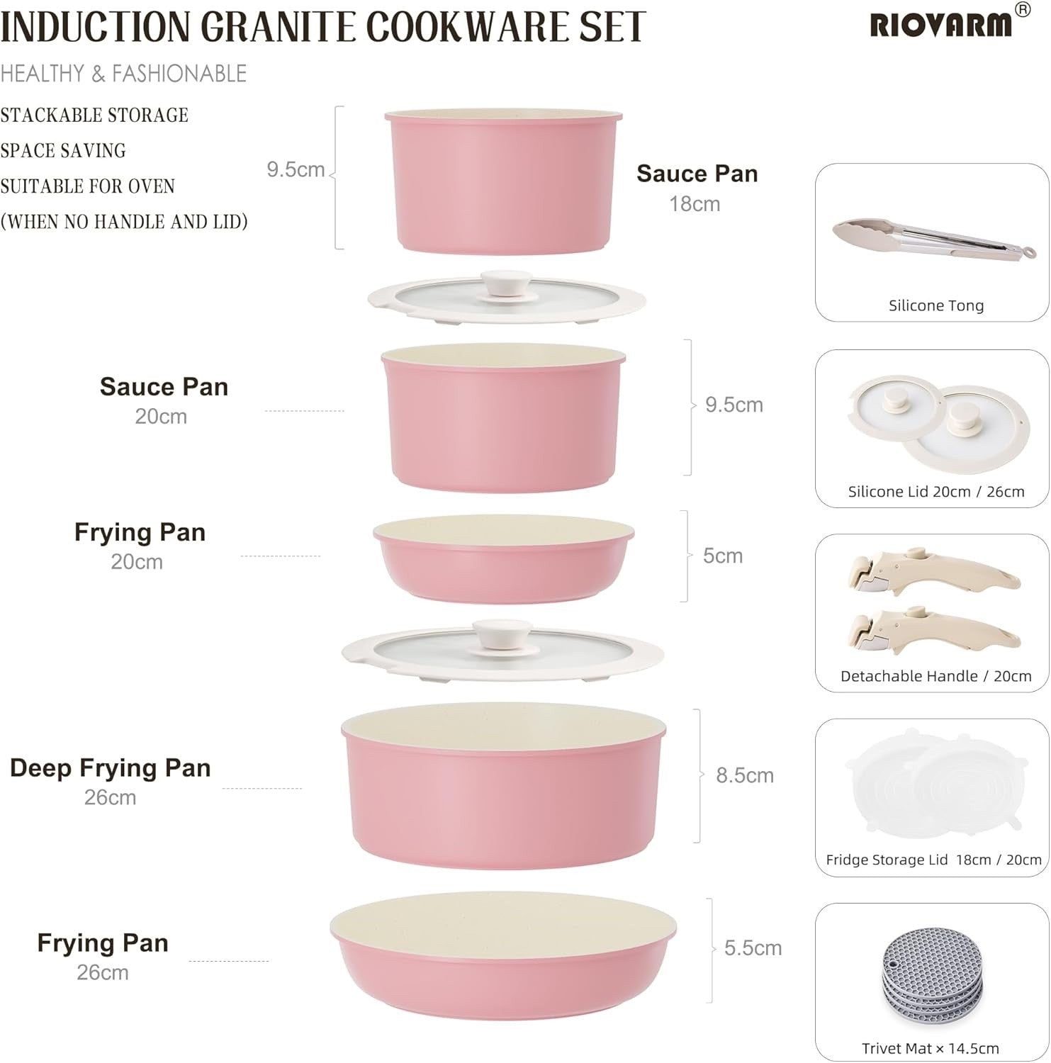 5Pcs Pink Pots Pans Set with Glass Lids & Detachable Handle Induction Safe