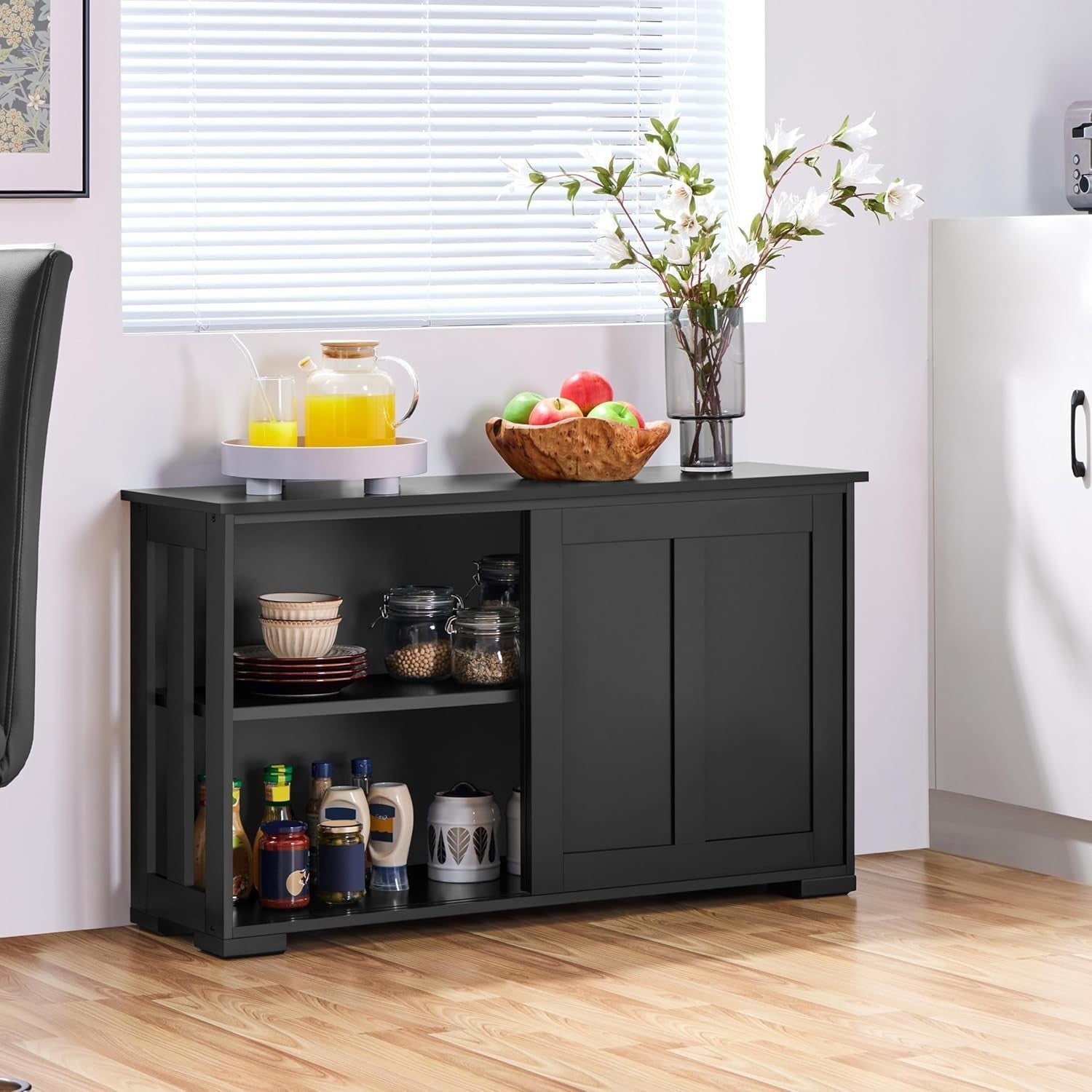 Black Sideboard Cabinet 63.5cm Buffet Sliding Door Adjustable Shelf