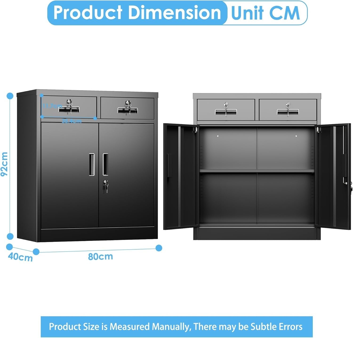 Lockable Metal Storage Cabinet 2 Doors 2 Drawers Adjustable Shelves - 92x80x40cm