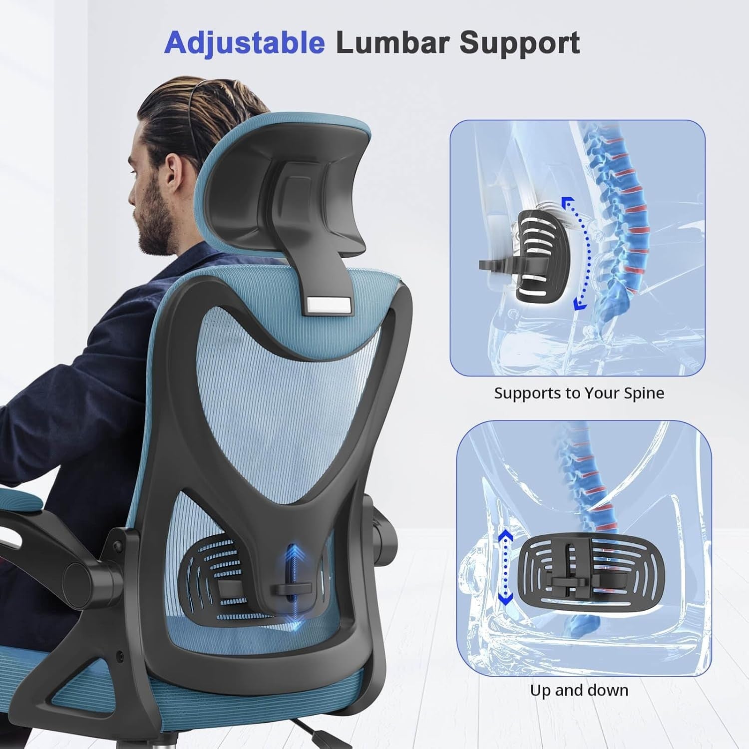 Ergonomic Office Chair High Back Mesh Flip-up Armrests Adjustable Lumbar Support