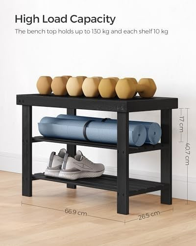 Black Bamboo Shoe Bench with 3-Tier Storage | Entryway & Hallway Seat