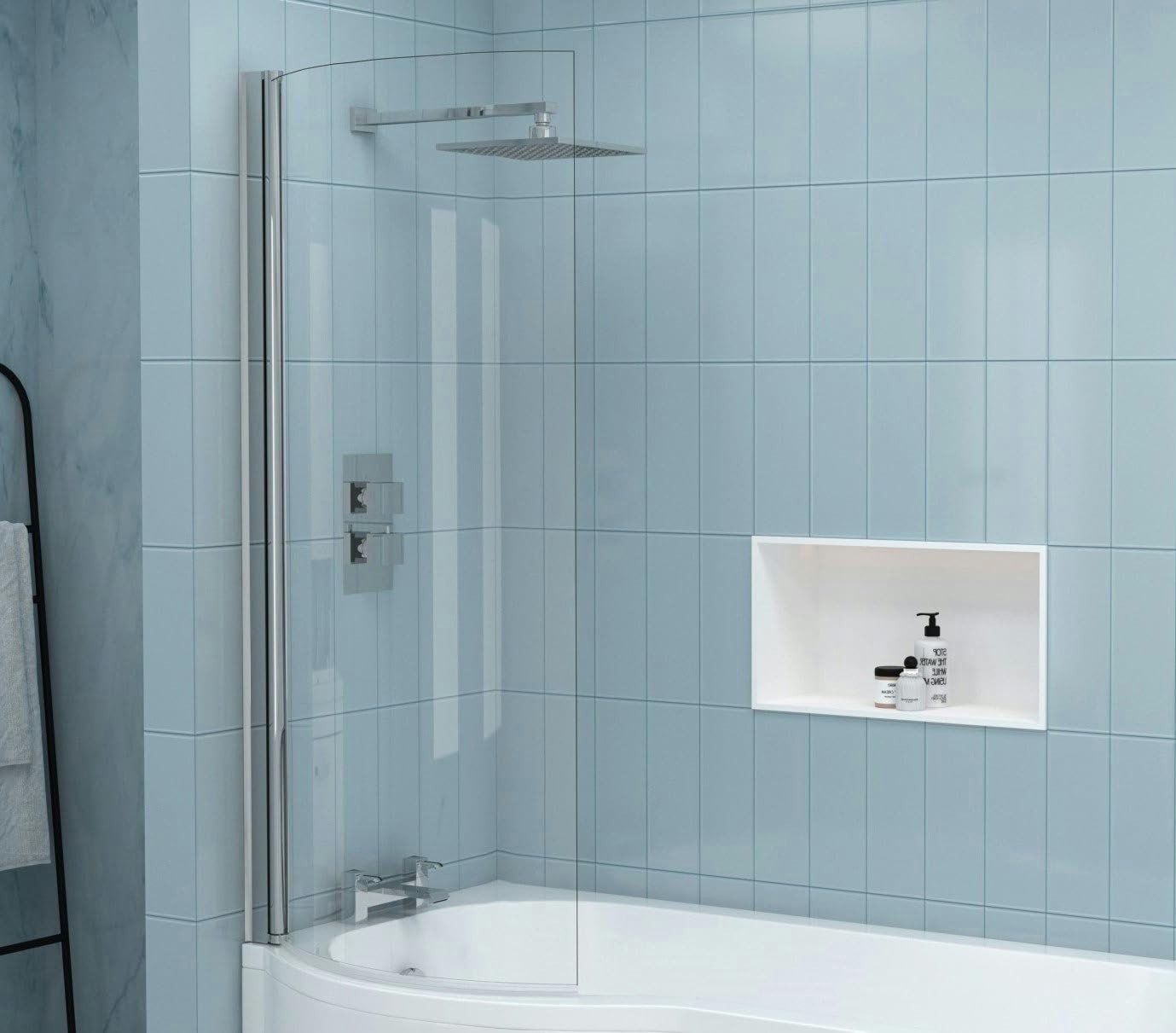 1700x850mm Left Hand P-Shaped Acrylic Shower Bath with Front Panel Glass Screen