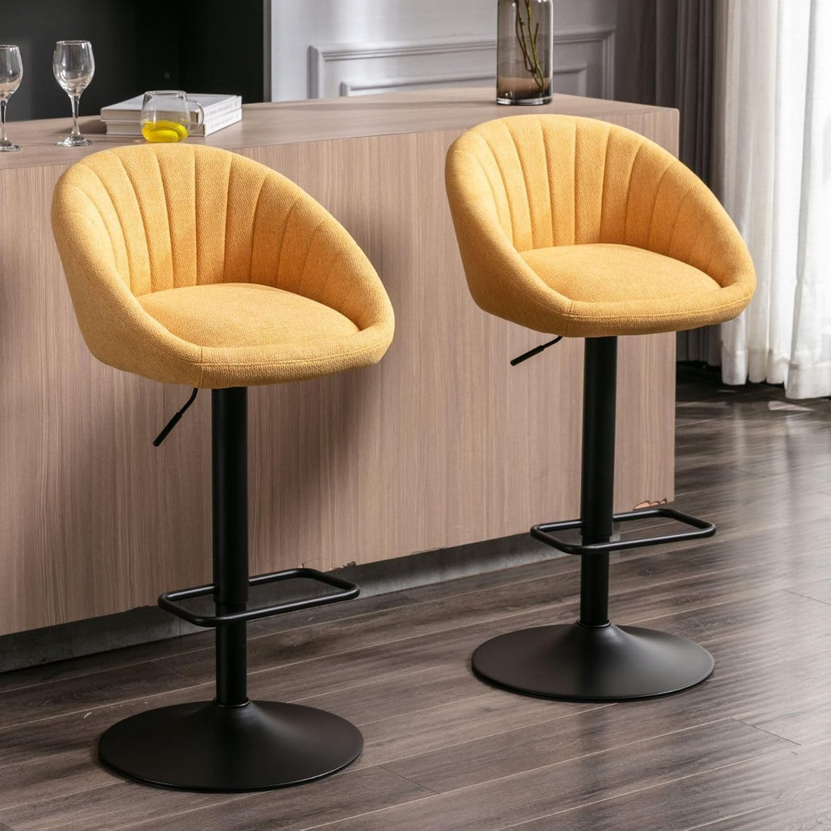 Bar Stools Set of 2 | Yellow L-Shaped Adjustable Counter Chairs
