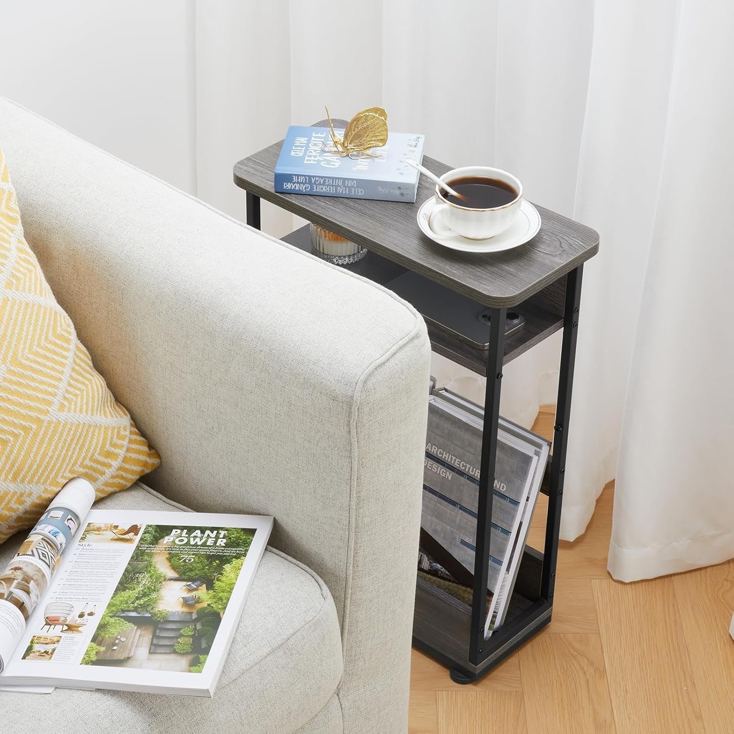 Slim Grey Side Table for Small Spaces – 3-Tier Narrow Nightstand Unit