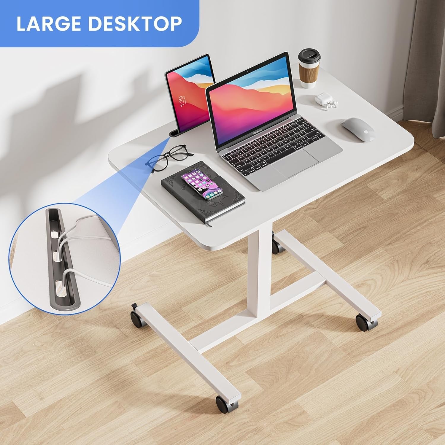 Mobile Standing Desk Height Adjustable Rolling Laptop Table Sit Stand White