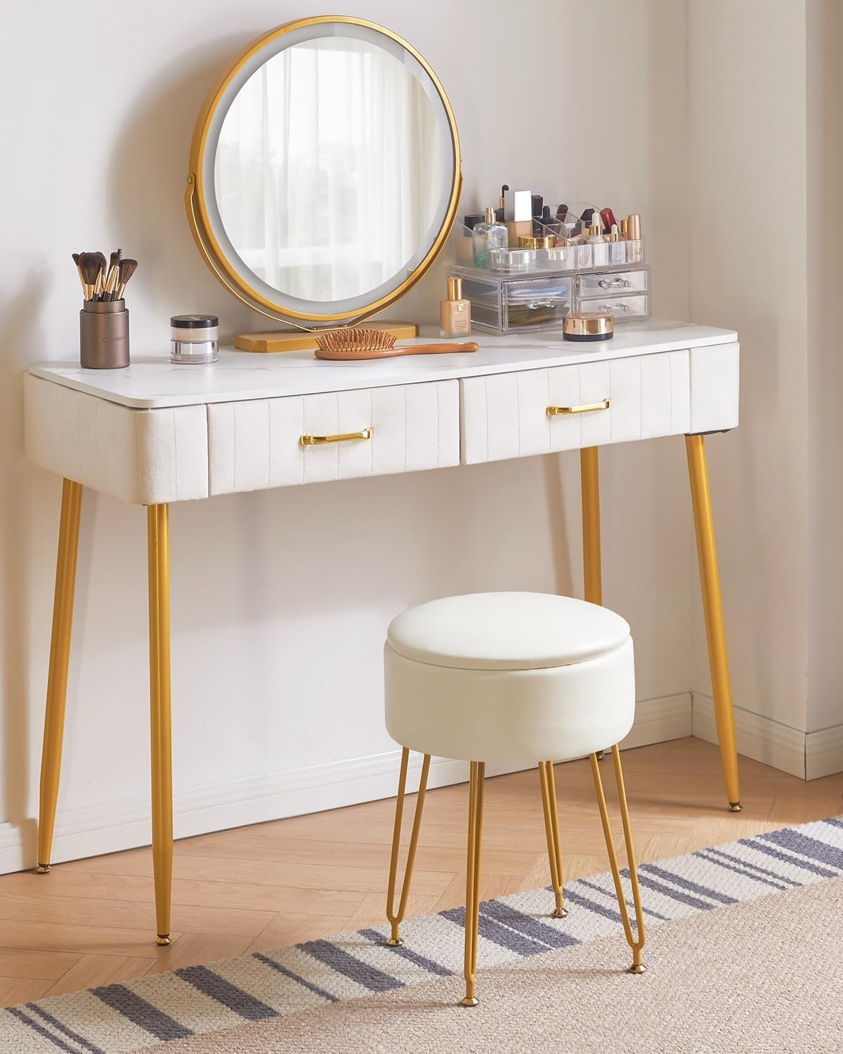 White Faux Leather Round Vanity Stool with Storage & Gold Metal Legs