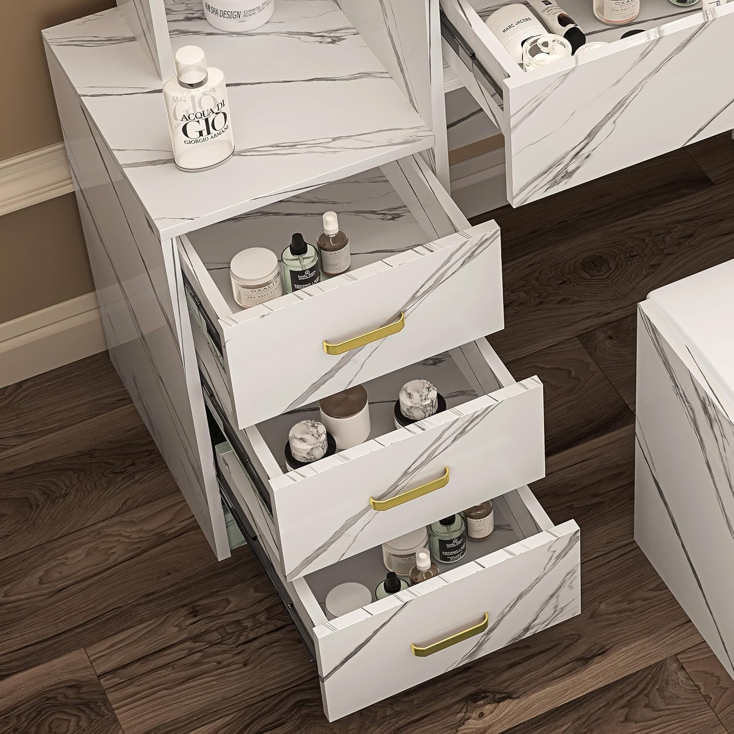 Wood Makeup Vanity Desk w/LED Light Mirror 3 Drawers Open Shelves Dressing Set