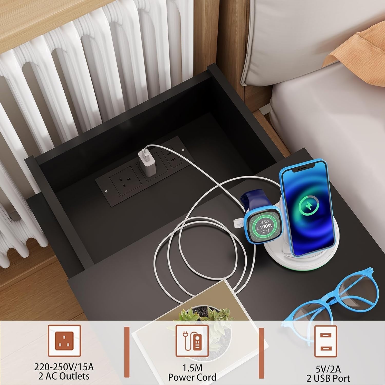 Black Gloss LED Bedside Table with Power Socket, USB Ports & 3 Drawers