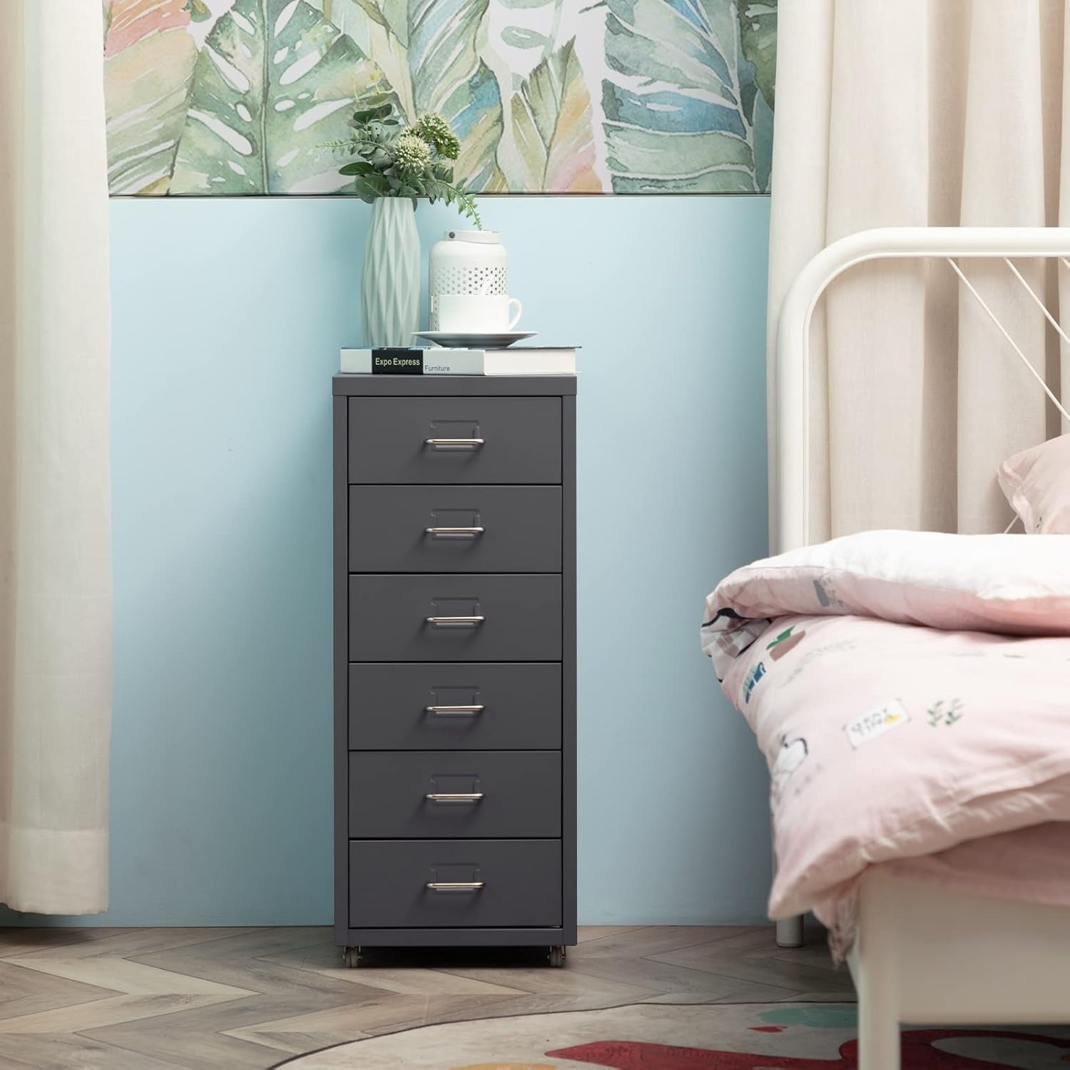 Grey Metal Rolling Drawer Tower 6 Tier Mobile File Storage Unit