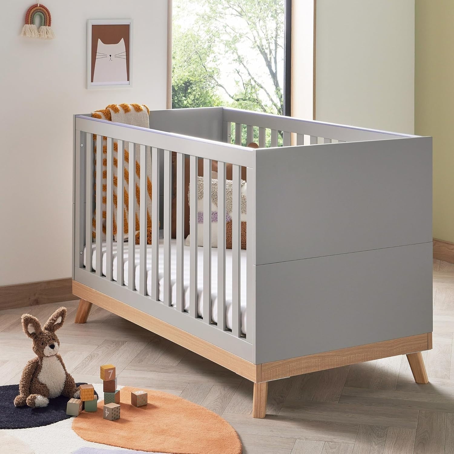 Convertible Grey Baby Cot Bed 3 Height Adjustable Toddler Bed 145x76x89 cm