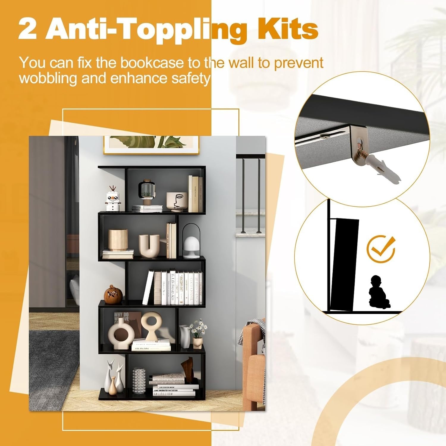 S Shaped 5 Tier Wooden Bookcase Freestanding Display Storage Shelf Black