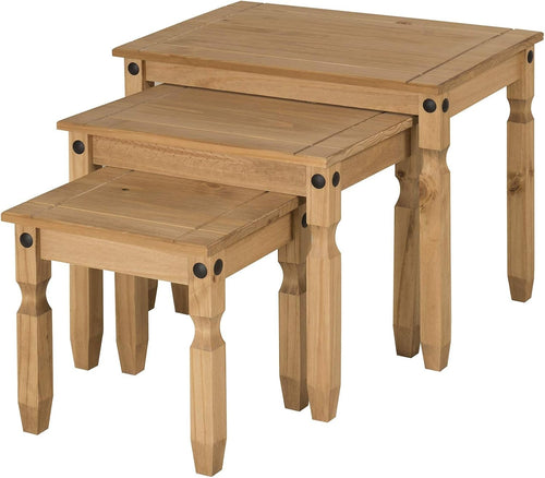 Nest of 3 Pine Wood Side Tables Brown Rustic Antique Wax Finish Easy Assembly