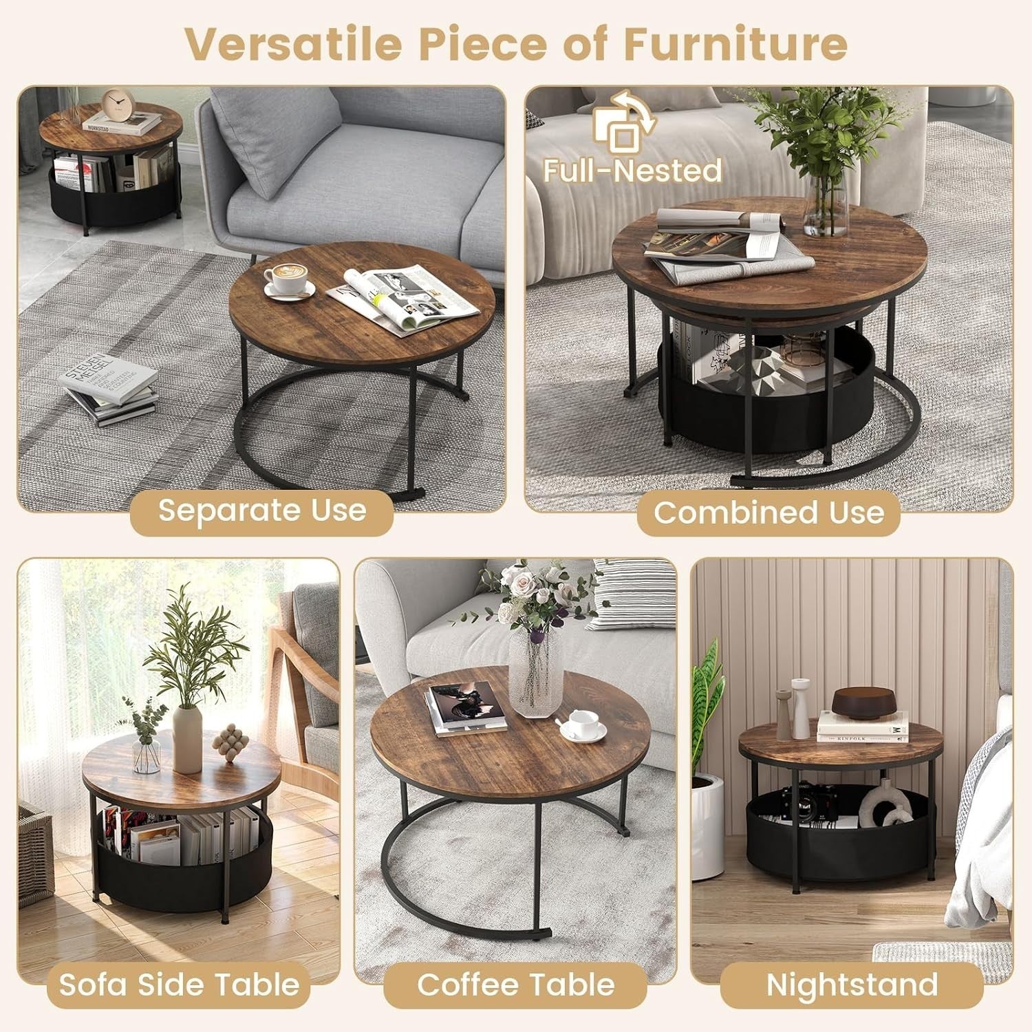 Nesting Coffee Table Set of 2 Round Side End Tables Rustic Industrial Metal