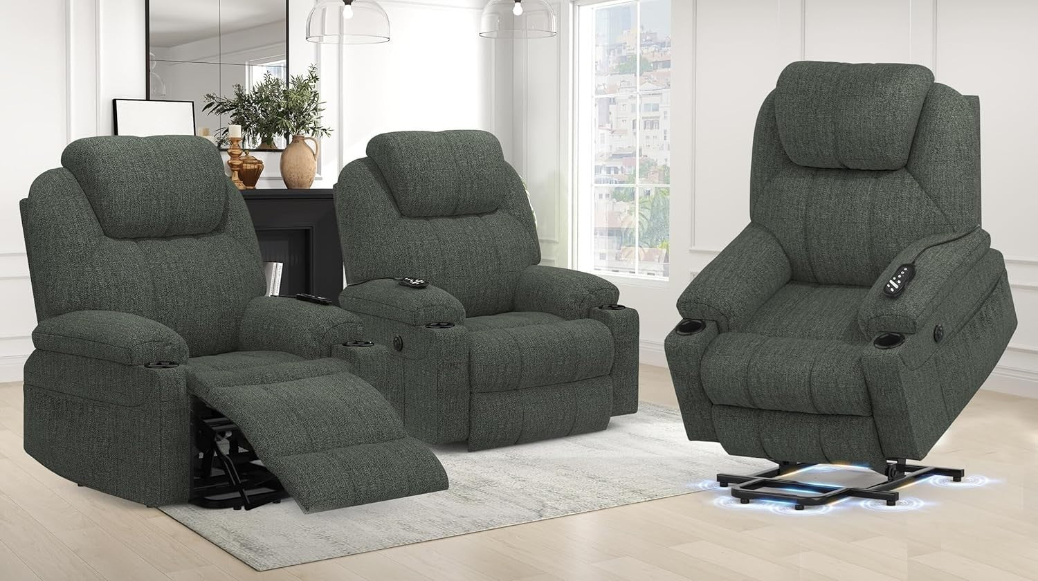 Set of 3 Power Lift Recliners Massage Heat USB-C Footrest Cup Holders Dark Grey
