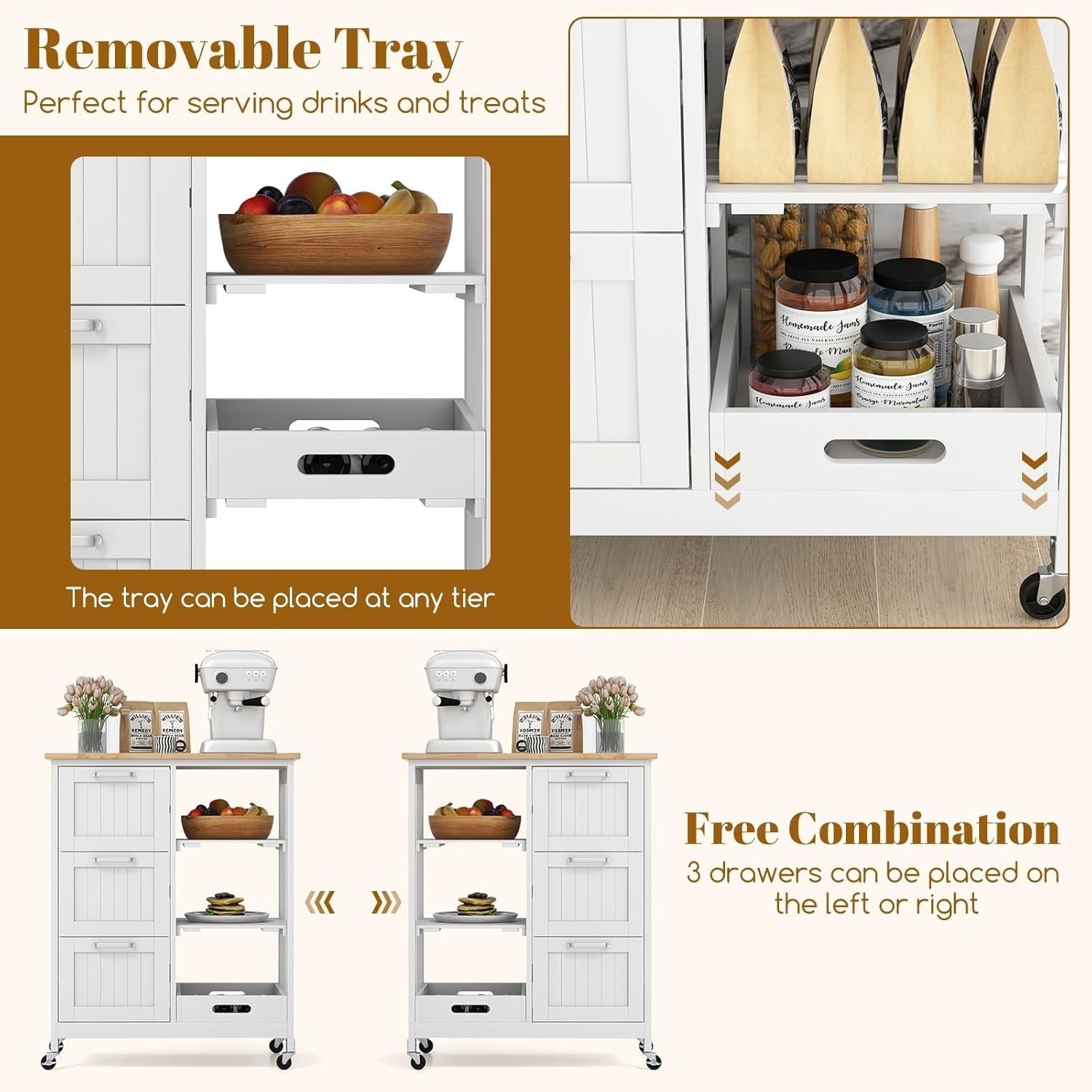 Rolling Kitchen Storage Trolley with Worktop, 3 Drawers & Shelves – Mobile Utili