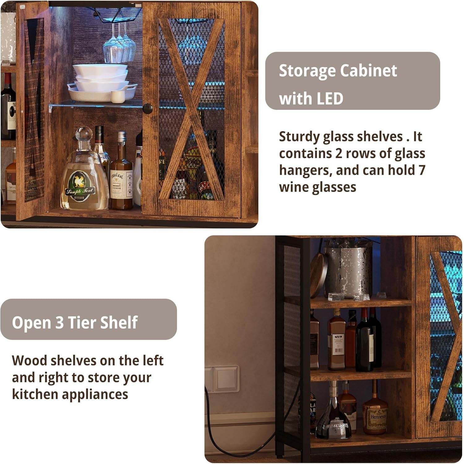 Industrial Bar Cabinet with LED Lights & Glass Rack, Large Buffet Storage Unit