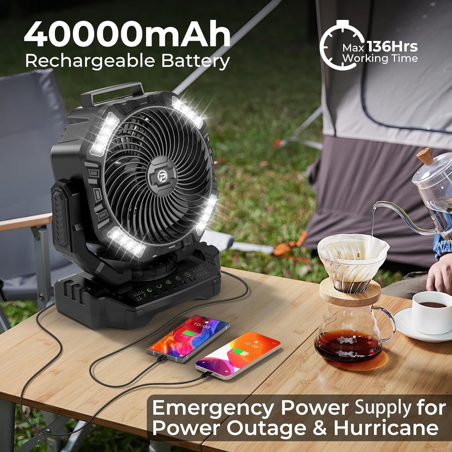 Portable Camping Fan – Long 40000mAh Rechargeable w LED Light Remote Timer Quiet