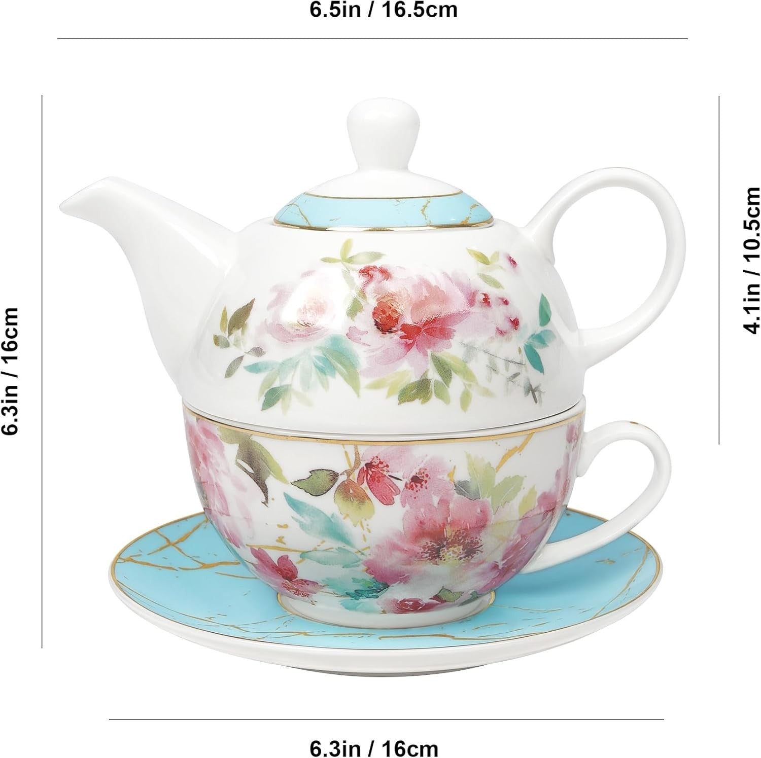 Floral Tea for One Set Porcelain Teapot Cup Saucer Gold Trim Gift