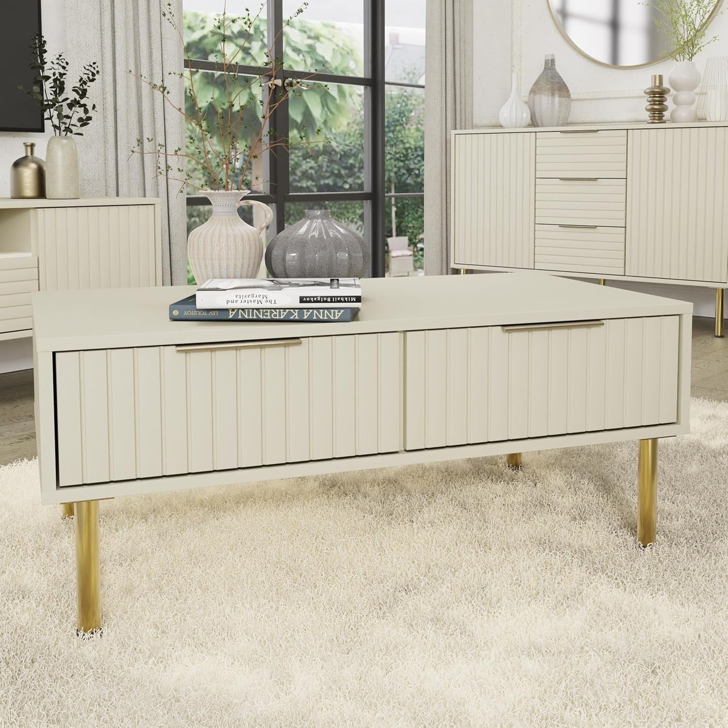 Ivory Modern Coffee Table with Metal Frame & Storage, 88CM Compact