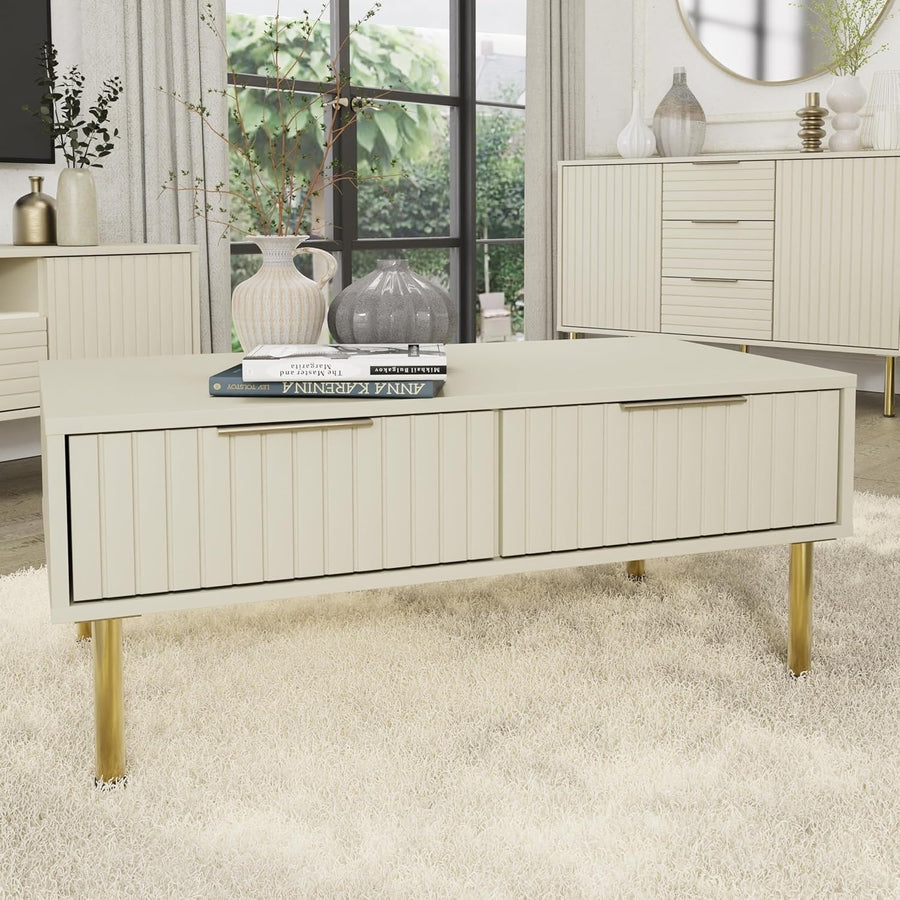 Ivory Modern Coffee Table with Metal Frame & Storage, 88CM Compact