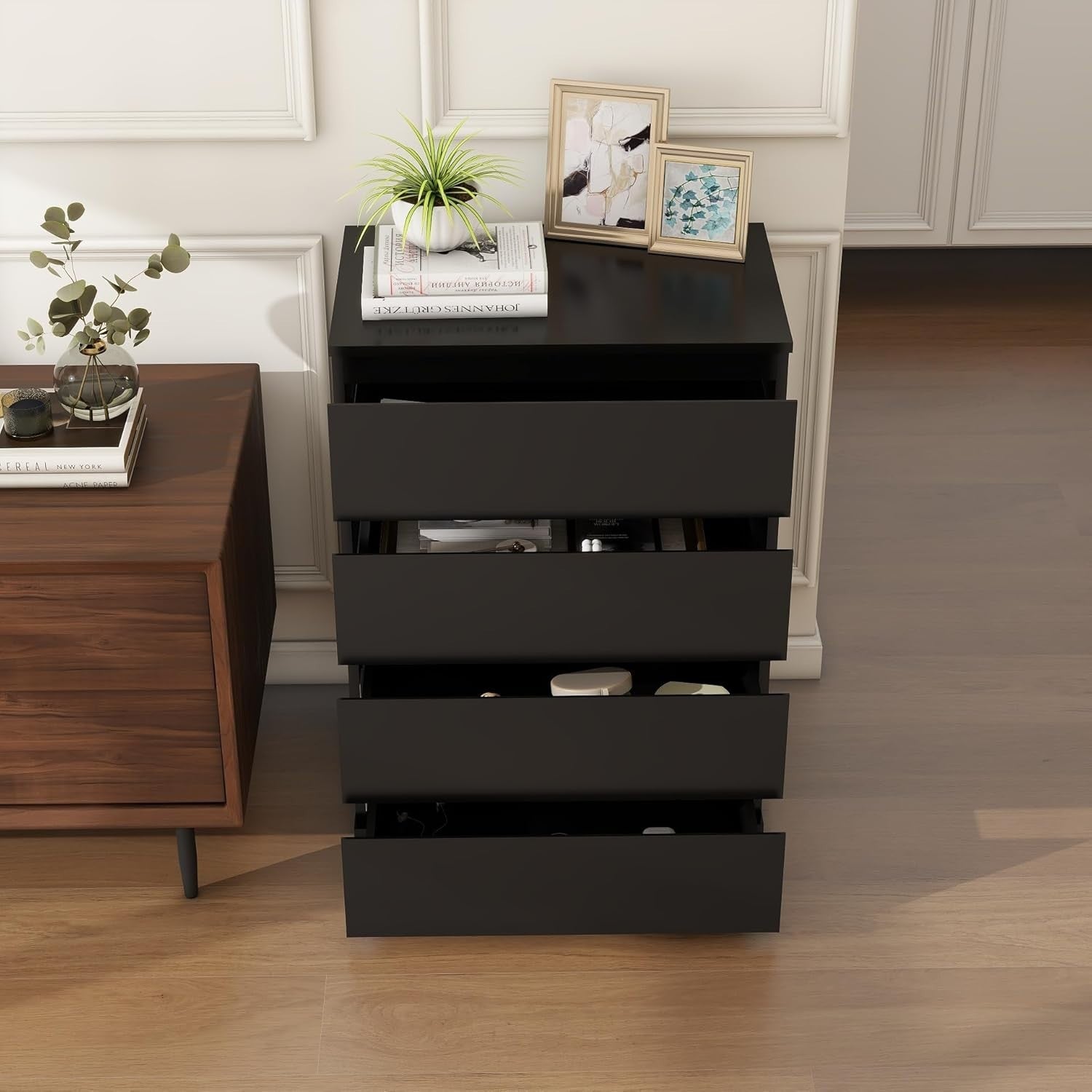 Modern Black Wooden Chest of Drawers 4-Drawer Tall Dresser Storage Organizer