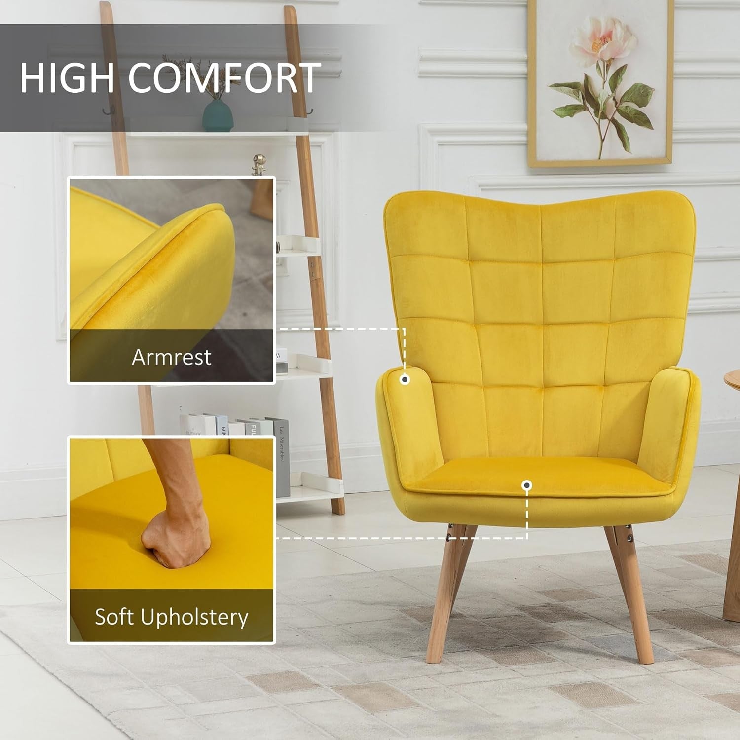 Yellow Velvet Wingback Accent Chair Tufted Lounge Armchair Wood Legs