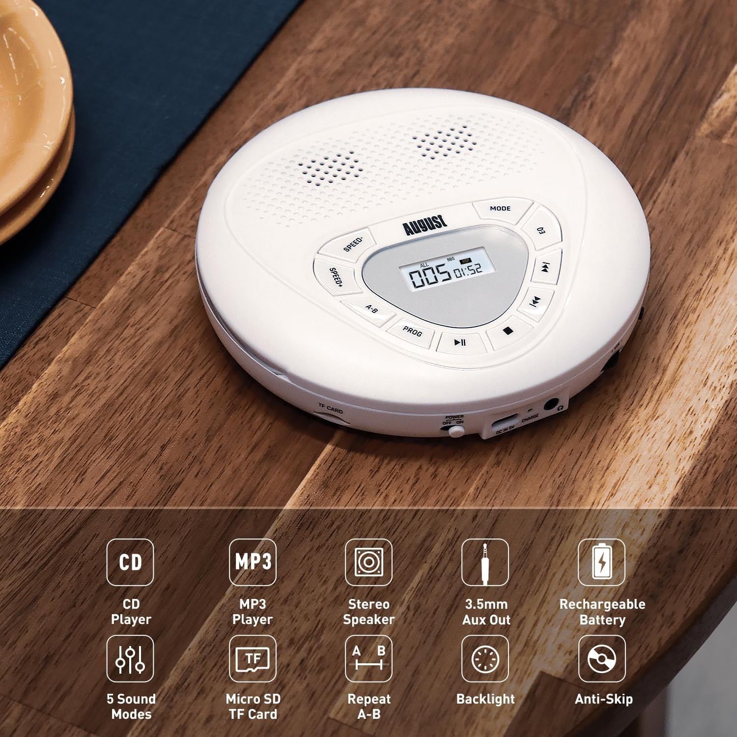 Portable Rechargeable CD Player Discman Micro SD AUX Anti Skip White