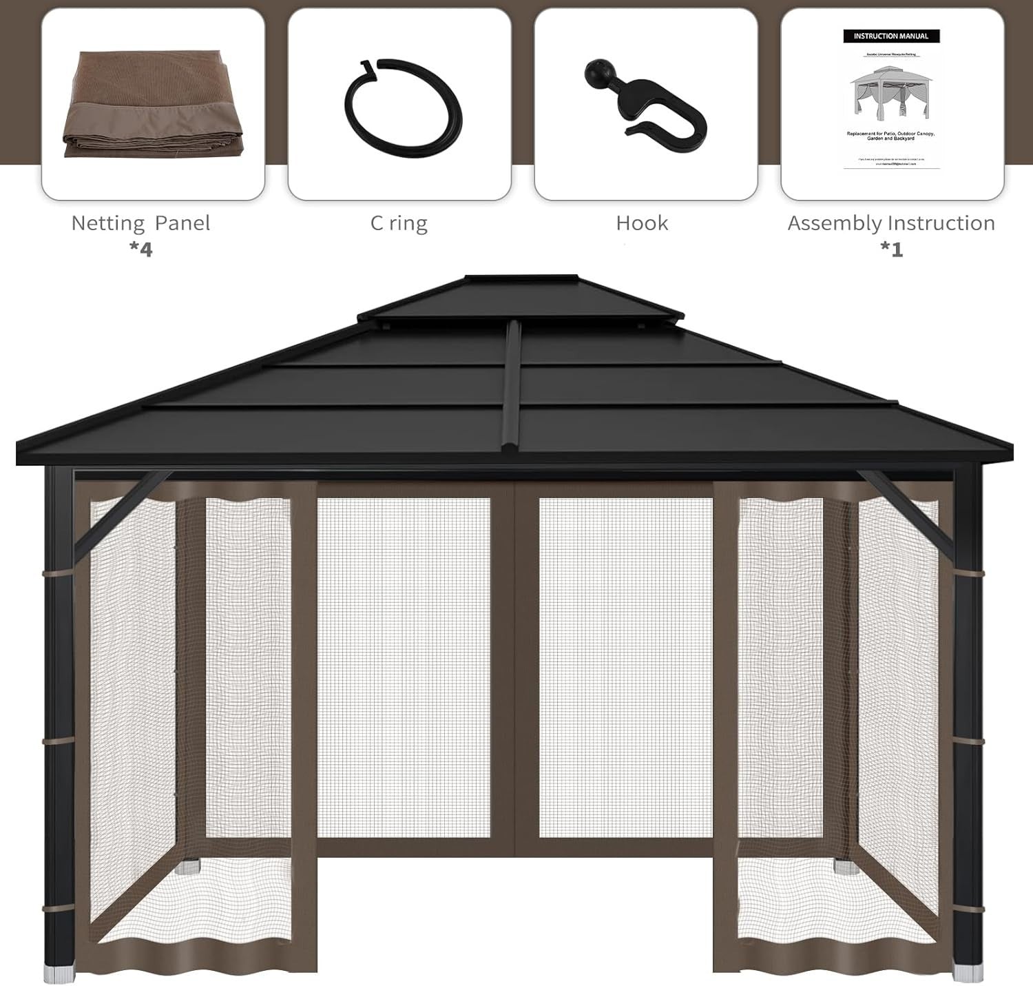 10x12ft Brown Gazebo Mosquito Netting 4 Panels Zipper Sidewalls Outdoor