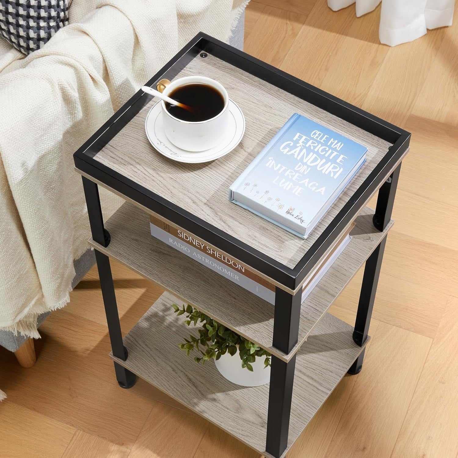 Slim 3 Tier Side Table Oak Small Narrow End Bedside Nightstand Storage