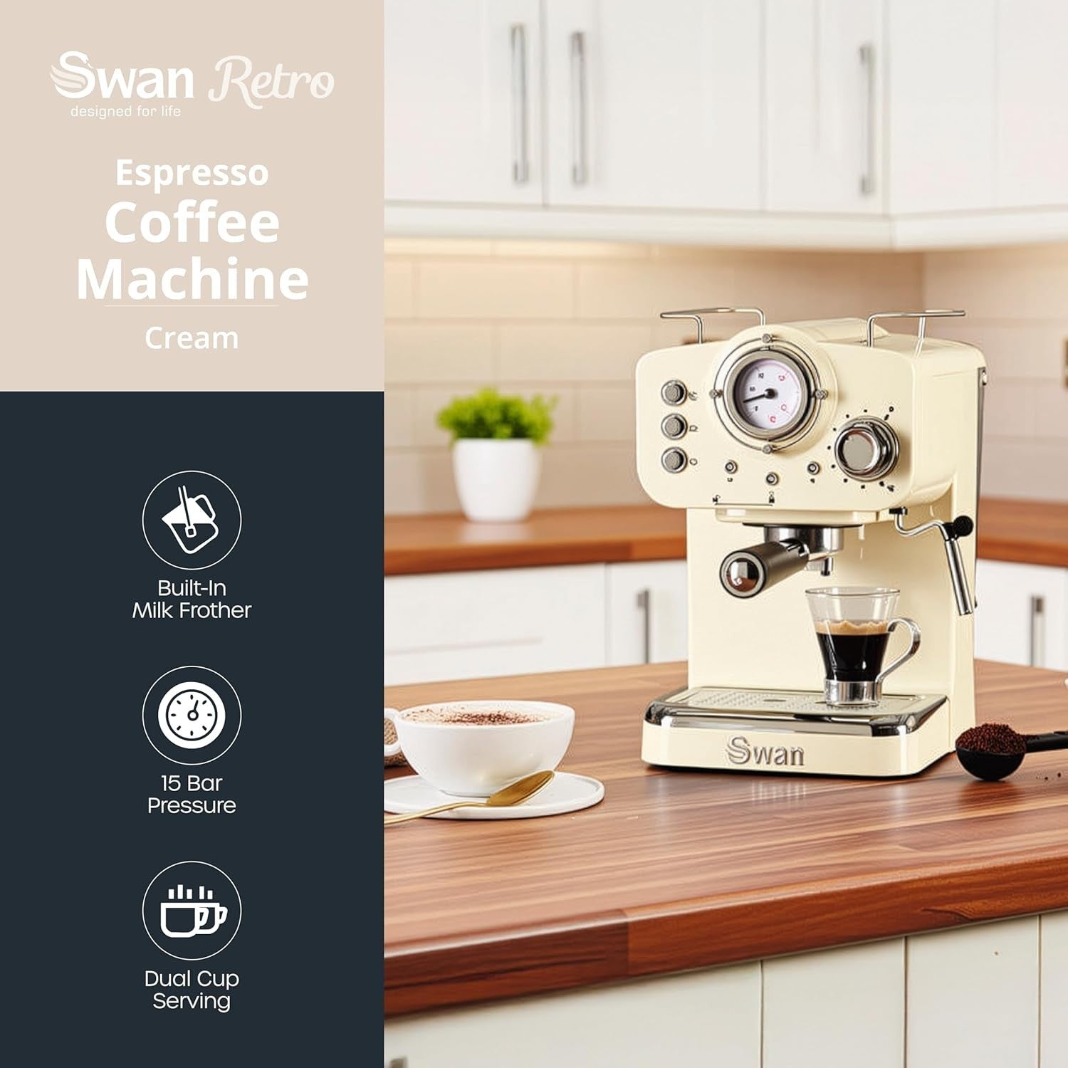 Retro Espresso Coffee Machine 1.2L Milk Frother 1100W Barista Coffee Maker