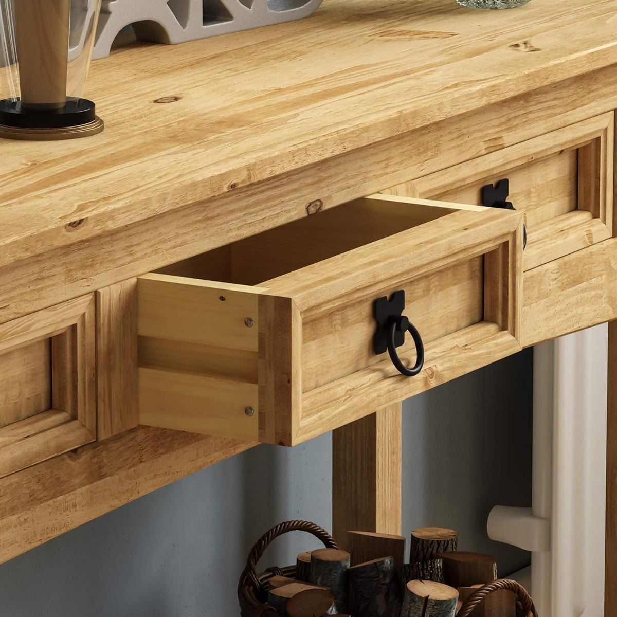 Solid Wood Console Table with Drawers & Shelf – Rustic Hallway Storage