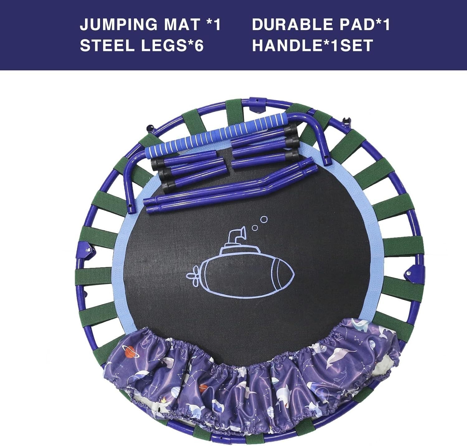 38'' Kids Mini Trampoline Foldable Quiet Rebounder Adjustable Handle Blue