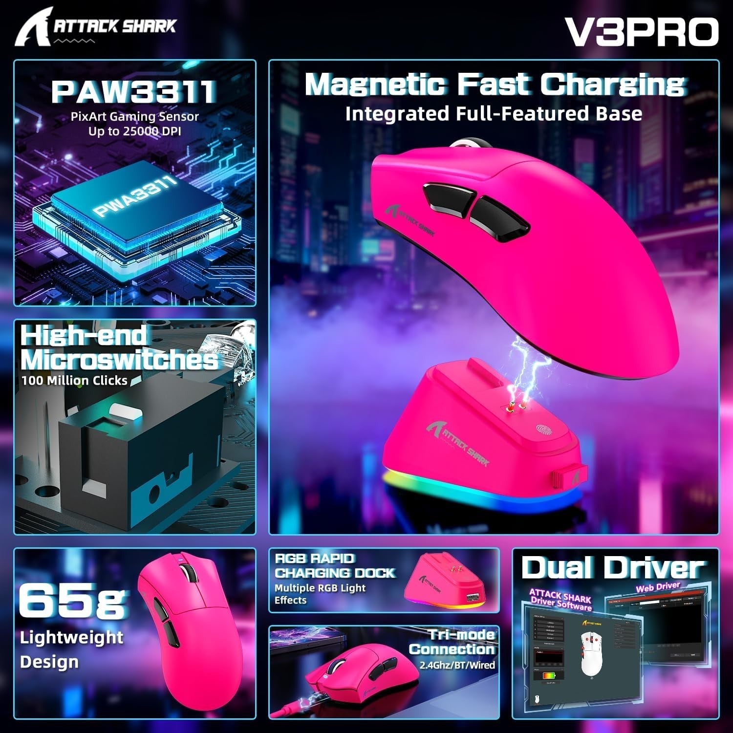 Wireless Gaming Mouse 25000 DPI 65g Superlight RGB Dock Pink