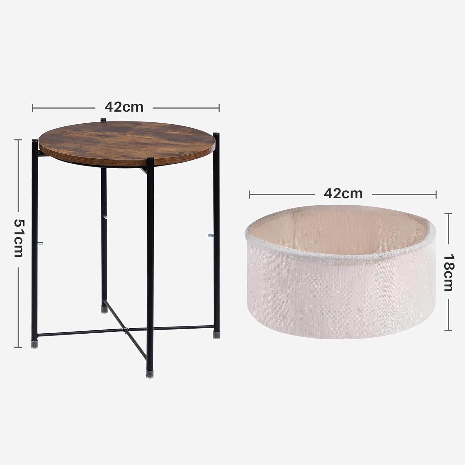 Round Side Table with Fabric Basket Storage Small Coffee Table Living Room