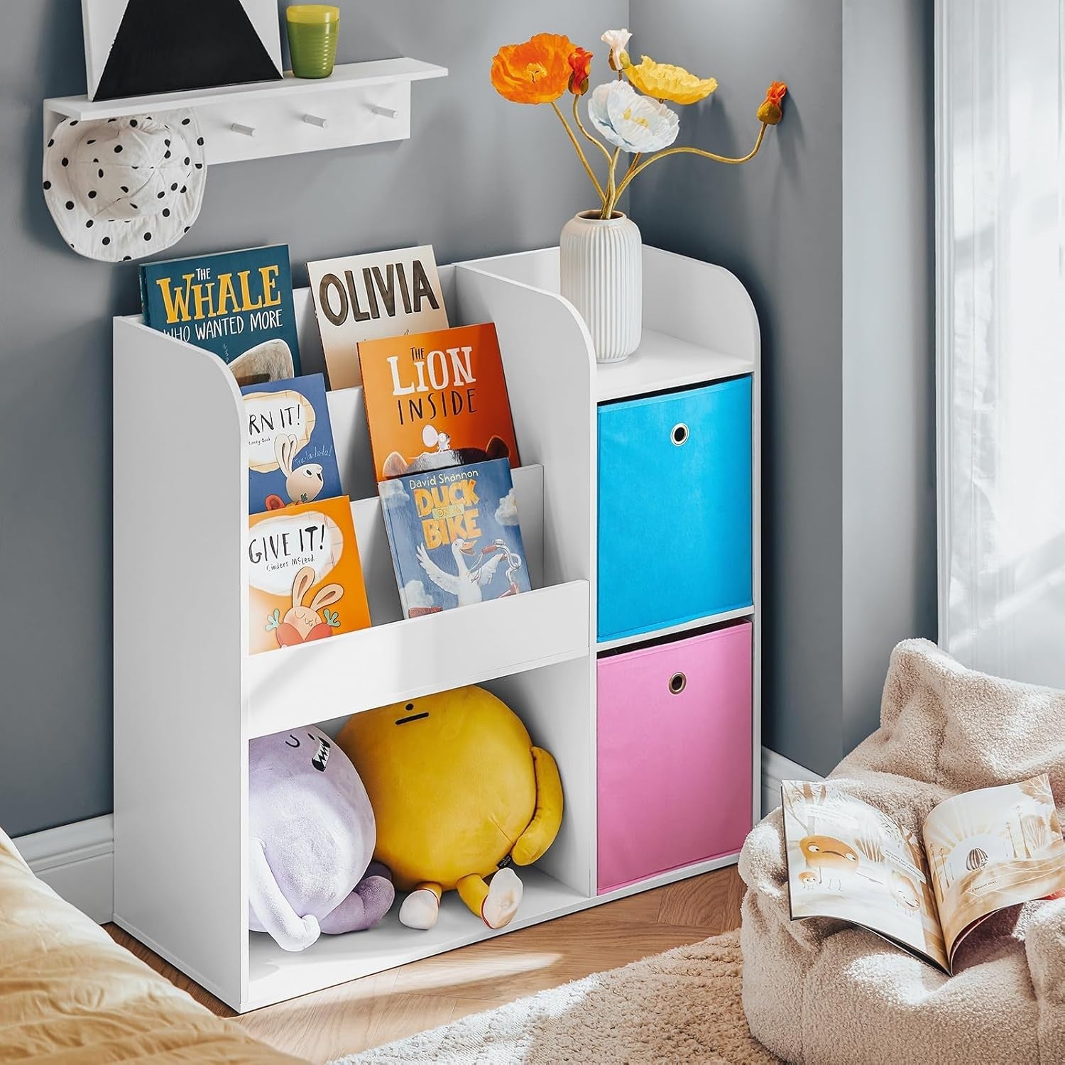 Kids Bookcase with 3 Shelves & 2 Fabric Drawers, Toy Storage Rack Pink Blue