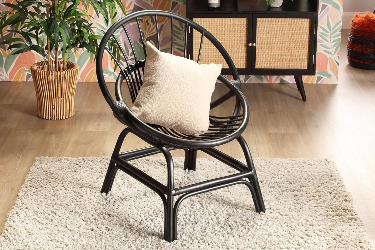 Black Rattan Wicker Moon Chair Indoor Cane Lounge Armchair Bedroom