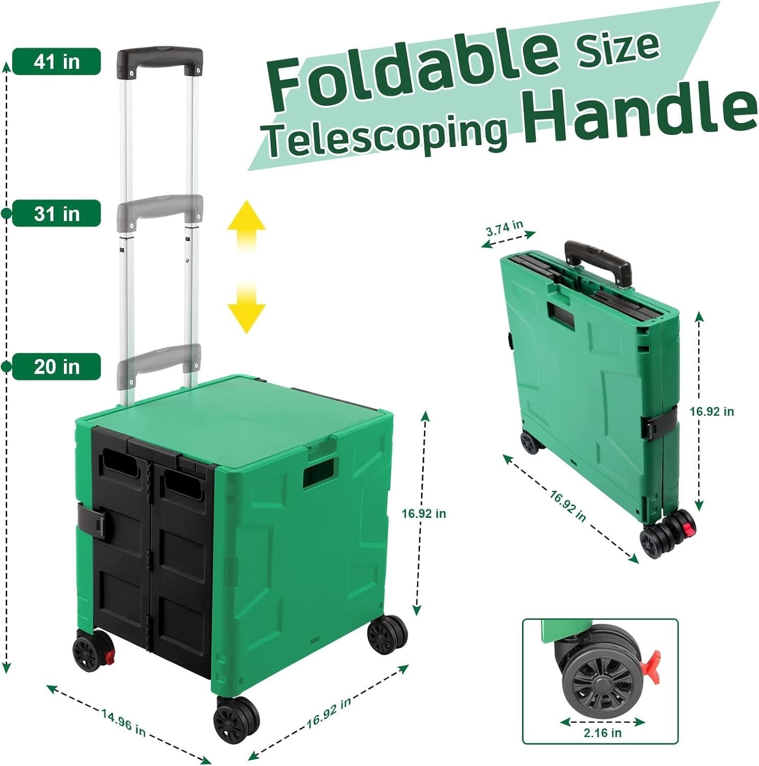 Foldable Rolling Shopping Trolley Cart Box 50Kg Portable w/ Lid Green