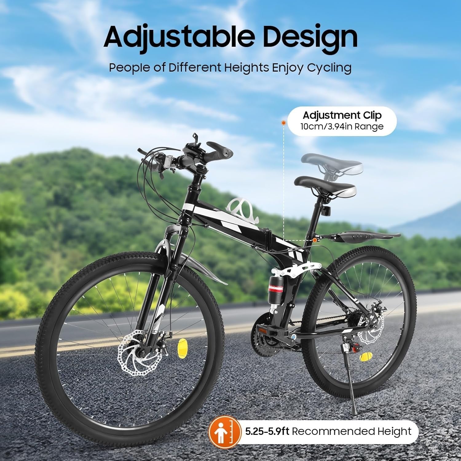 26" Folding Mountain Bike 21-Speed Dual Disc Brakes Full Suspension MTB