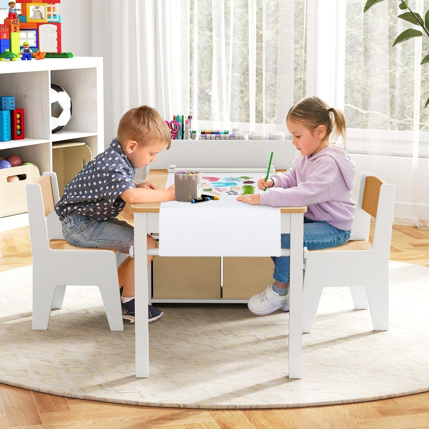 Kids Wooden Table and Chairs Set w/ Paper Roll Storage Bins Shelves Art Desk