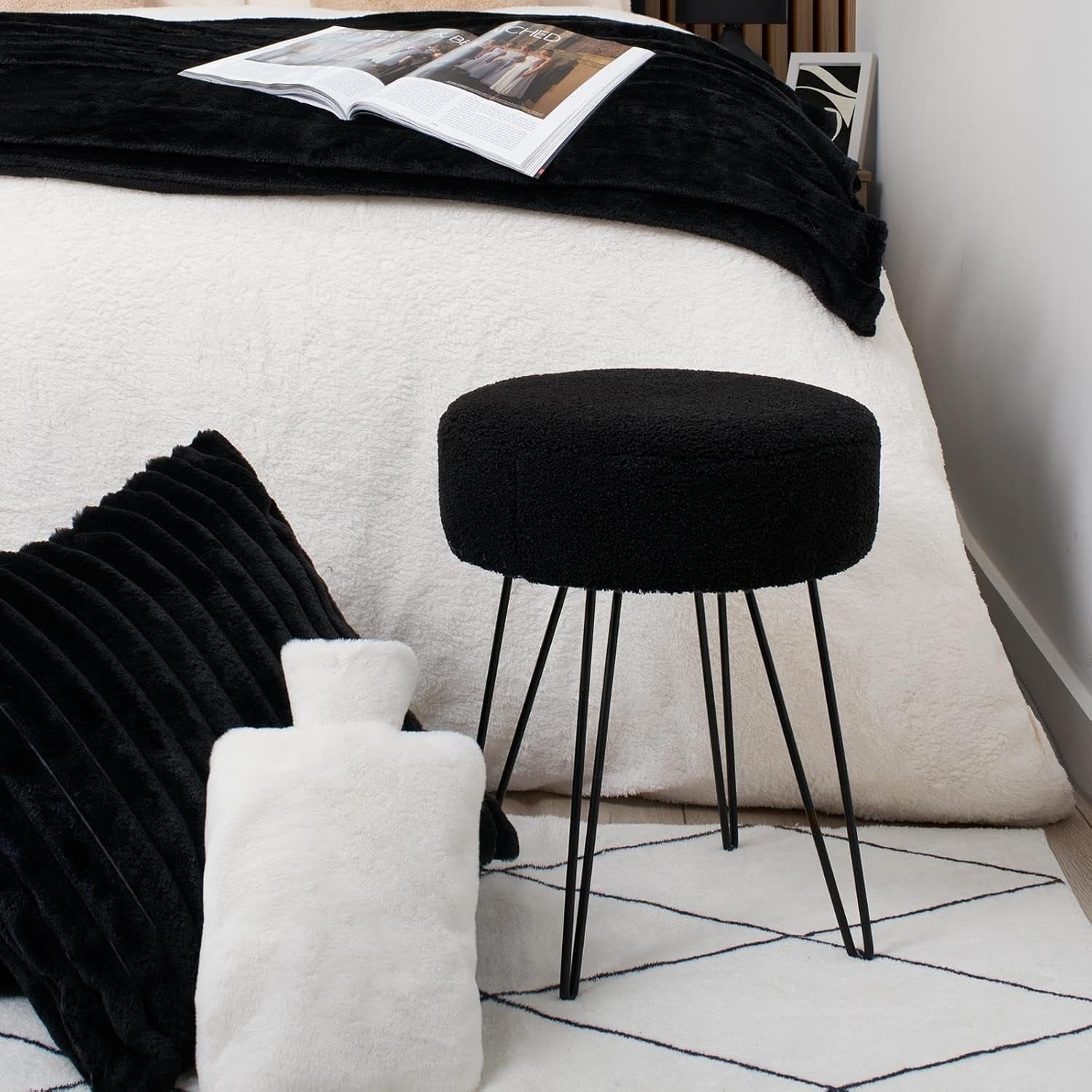 Black Bouclé Round Stool Modern Padded Pouffe Footrest Hairpin Leg Seat