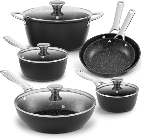 10Pcs Black Non Stick Induction Cookware Set with Frying Pans & Glass Lids