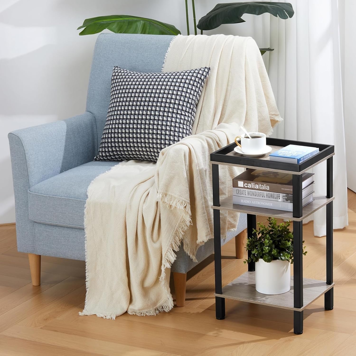 Slim 3 Tier Side Table Oak Small Narrow End Bedside Nightstand Storage