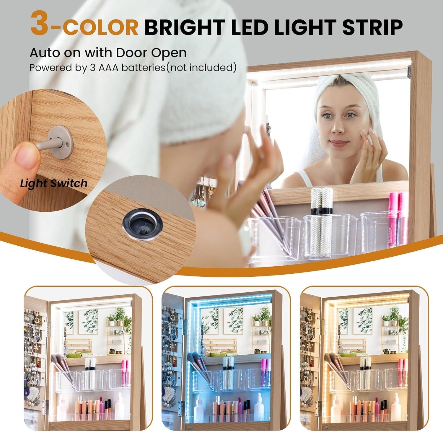 Natural Wood Rotating Jewelry Armoire LED Mirror Lockable Storage