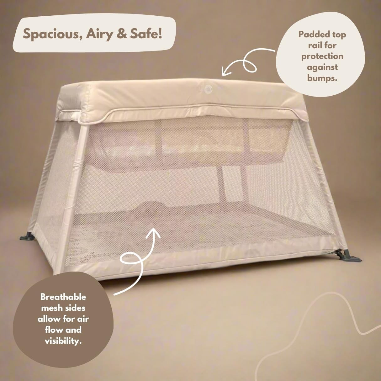 Travel Cot Playpen Lightweight Foldable Baby Bed with Mattress & Storage Beige