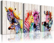 3Pcs Colorful Zebra Watercolor Canvas – Modern Animal Wall Art 12x16in