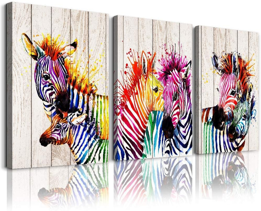 3Pcs Colorful Zebra Watercolor Canvas – Modern Animal Wall Art 12x16in