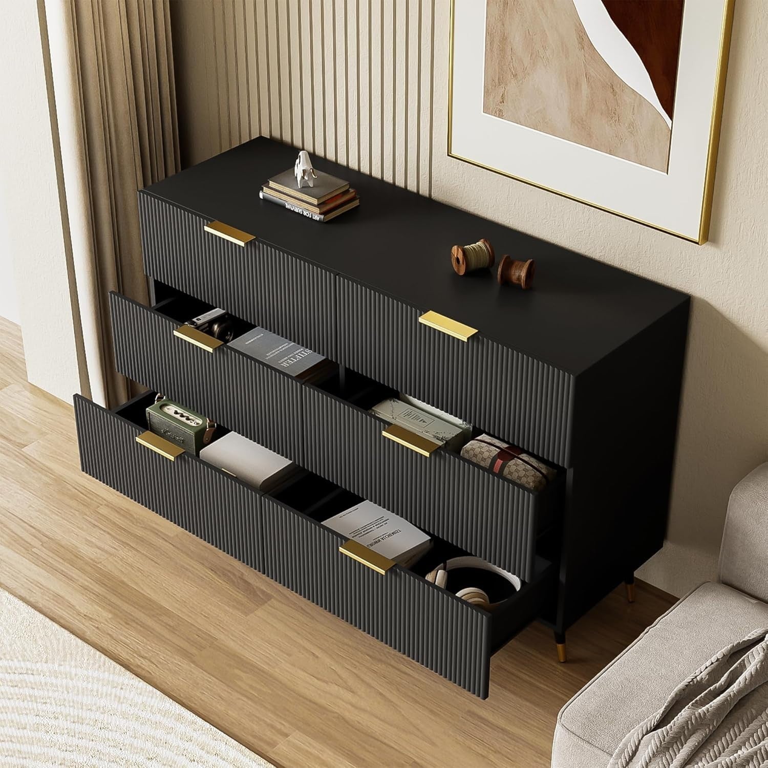 Black Sideboard Cabinet 6 Drawers Storage Unit Gold Handles 120cm