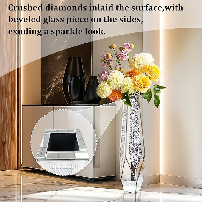 Extra Tall Mirrored Floor Vase 85.5cm Silver Glass Pampas Flower Decor