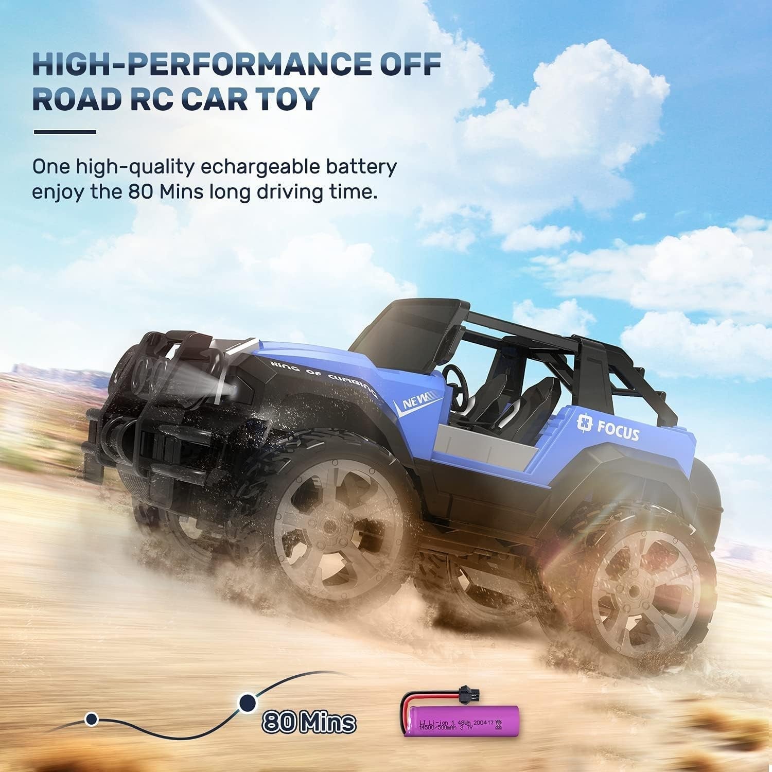 1:18 RC Off-Road Car for Kids, 2.4GHz Racing Truck w/ LED Lights, 80min Play