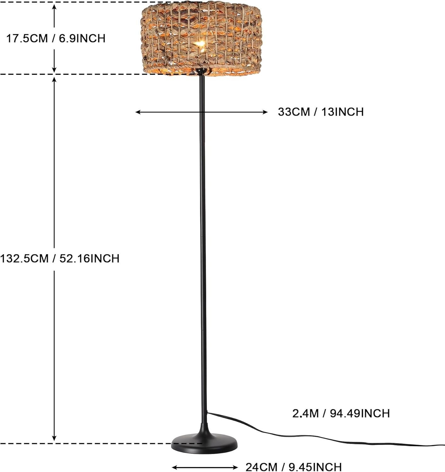Industrial Boho Rattan Floor Lamp with Bamboo Shade & Foot Switch, 150cm